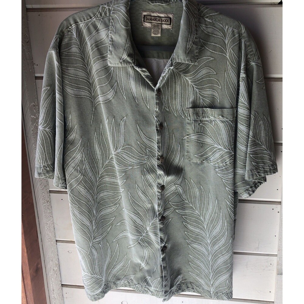 Jamaica Jaxx Mens XL Green/ White Floral Textured Silk Hawaiian Camp Shirt NICE! - Picture 2 of 10